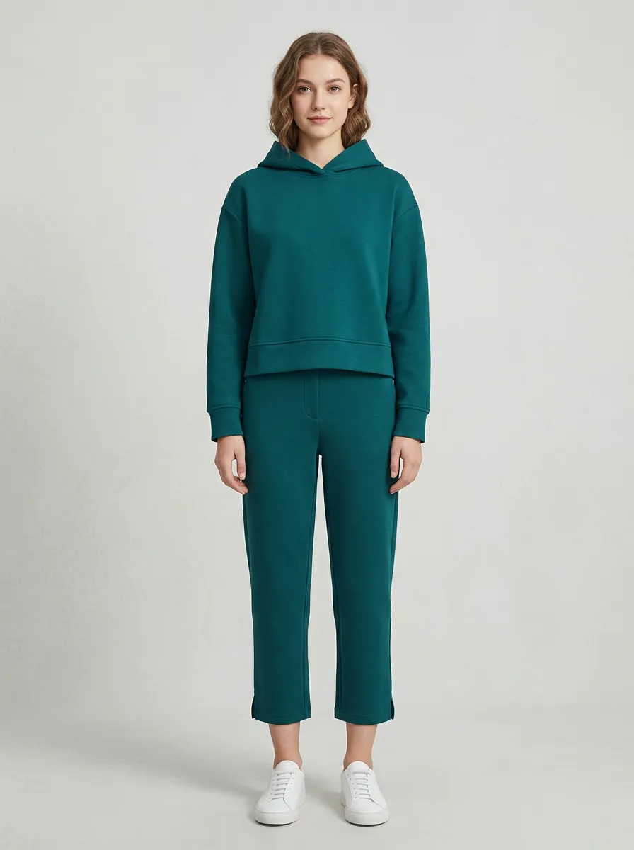 Women's Teal Hooded Pullover and Cropped Trouser Set