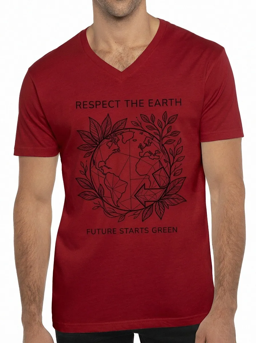 Men's Eco-Friendly Earth Lover Geometric Globe Printed V-Neck T-Shirt