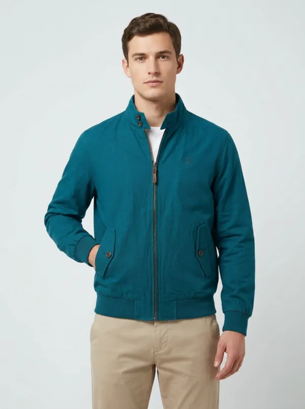 Men's Casual Minimalist Green Stand Collar Zip-Up Jacket