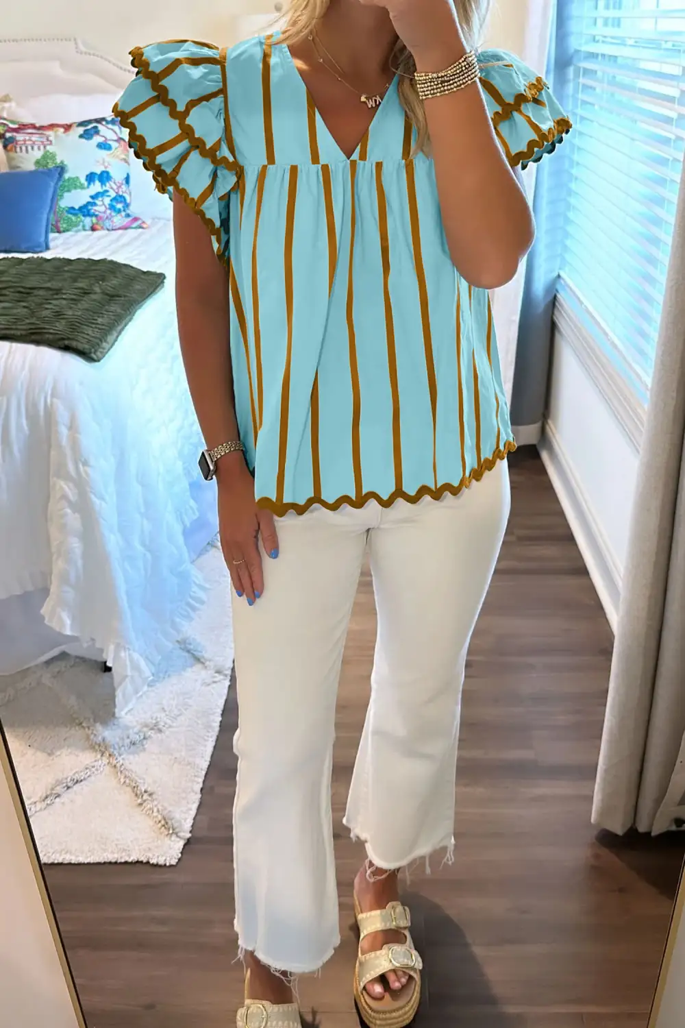 Women's Striped V Neck Ricrac Trim Top