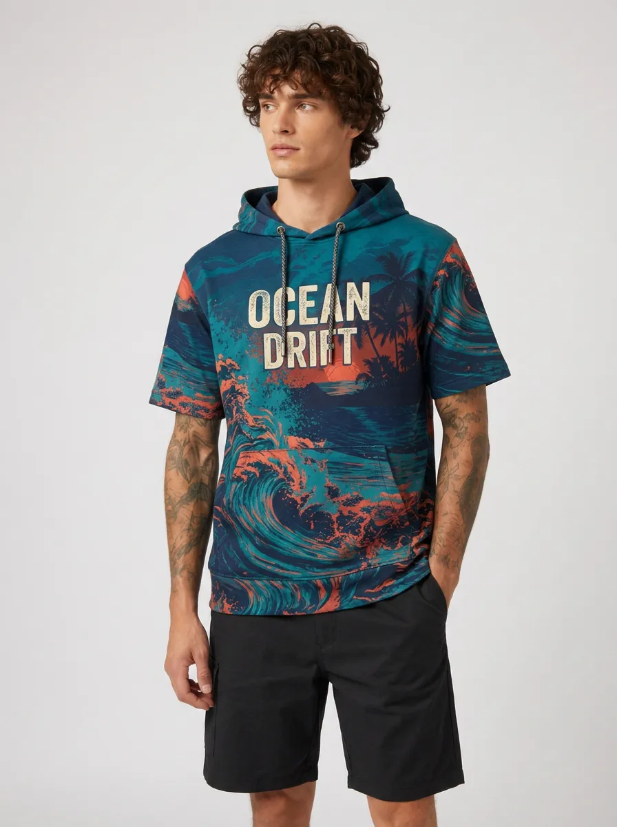 Men's Ocean Drift Tropical Wave Printed Short Sleeve Hoodie