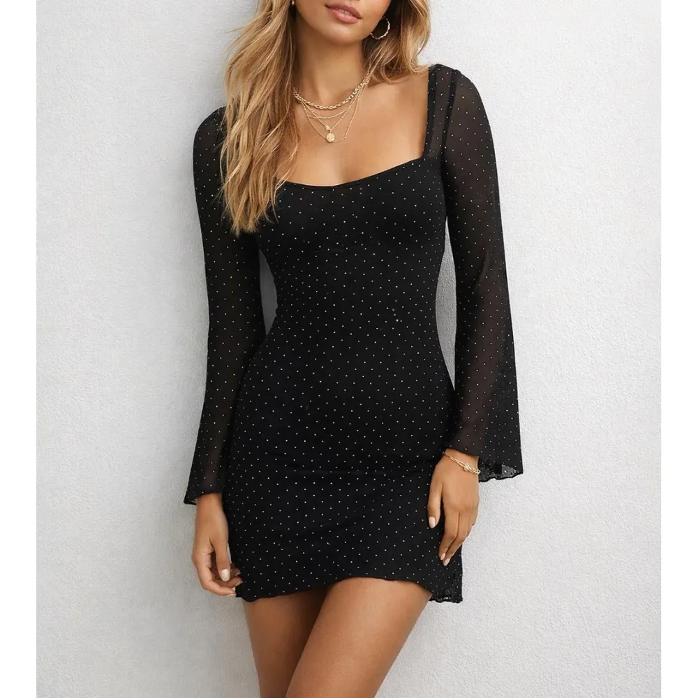 Rhinestone Square Neck Flared Sleeves Chic Mini Dress