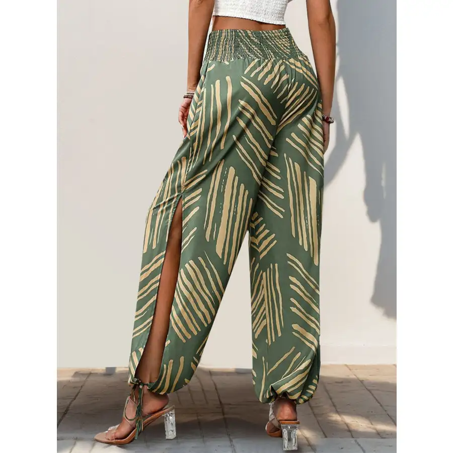 Smocked Slit Printed High Waist Pants