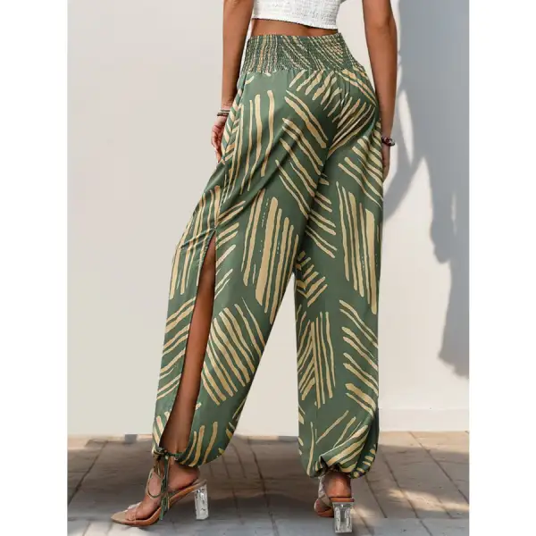 Smocked Slit Printed High Waist Pants