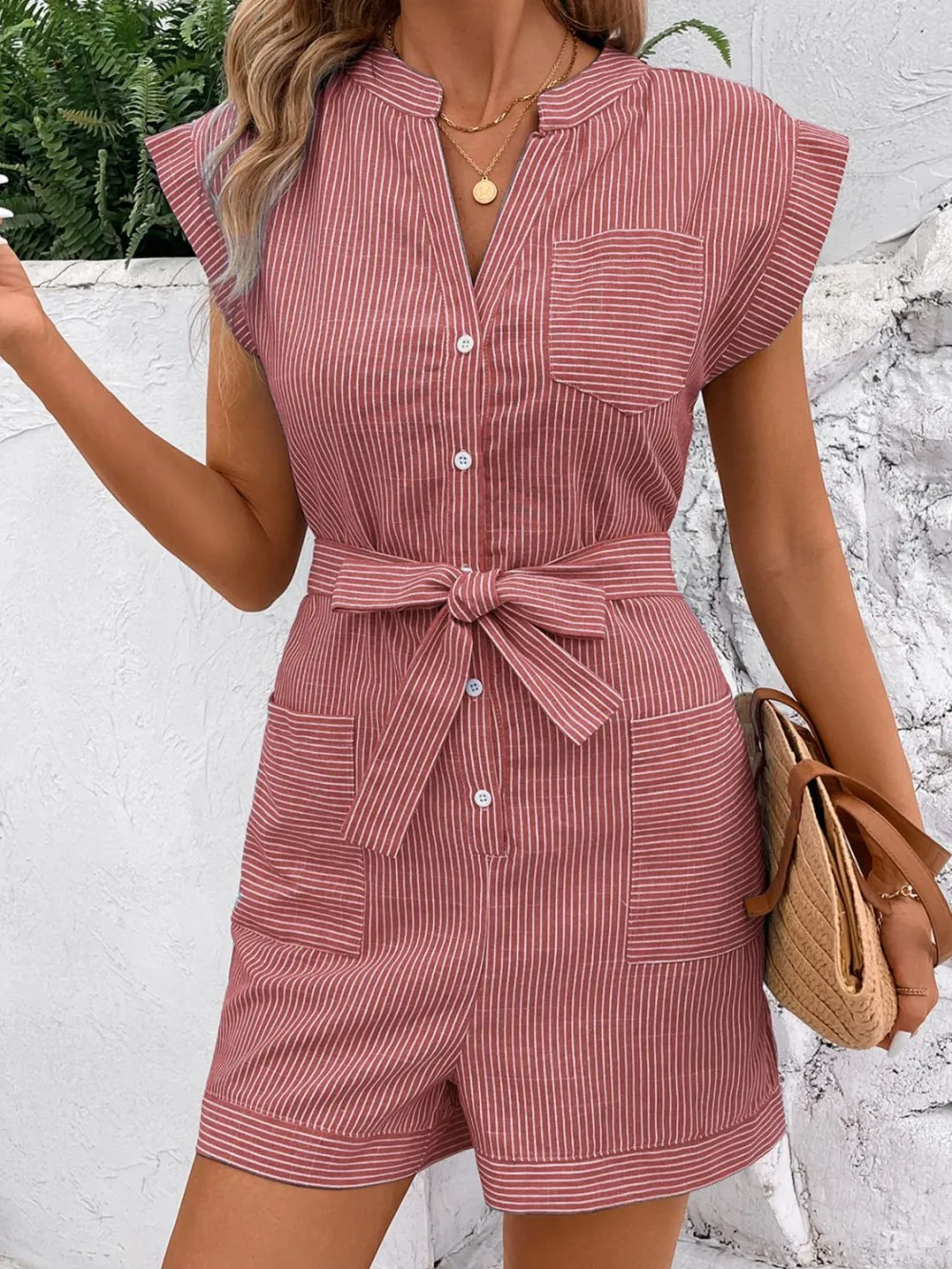 Notched Tie Waist Romper