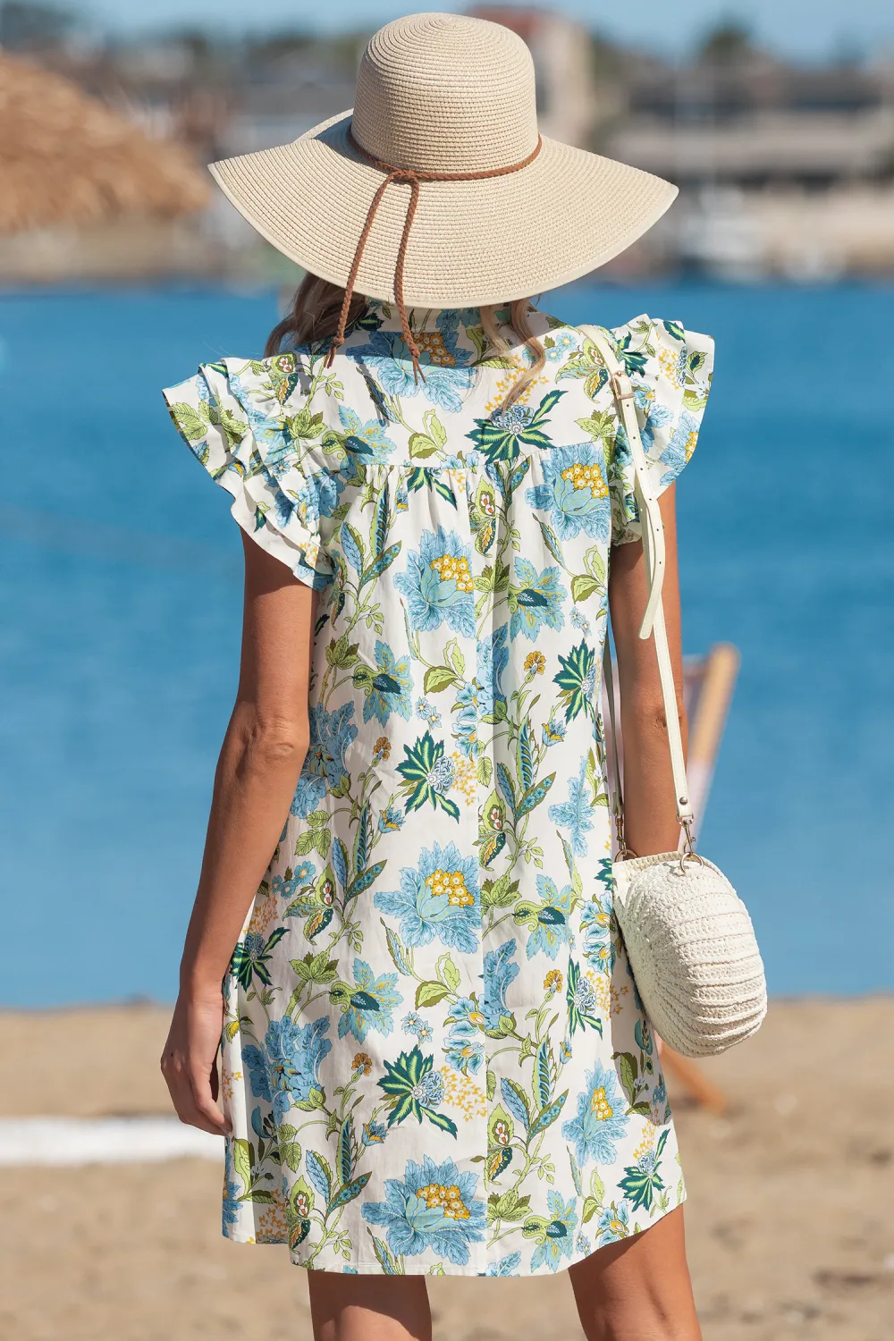 Beige Floral Ruffle Sleeve Dress