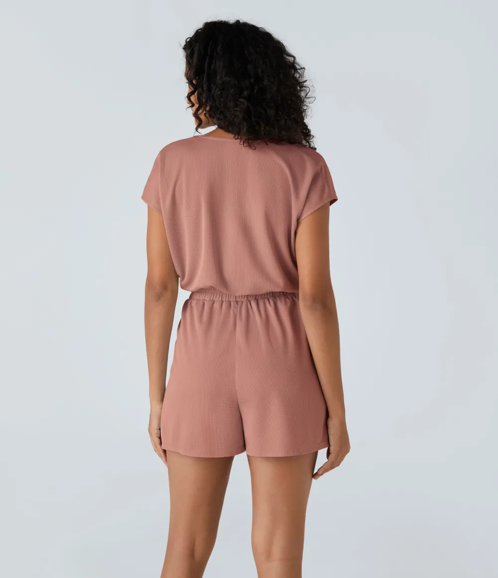 V Neck Short Sleeve Pocket Waffle Casual Romper