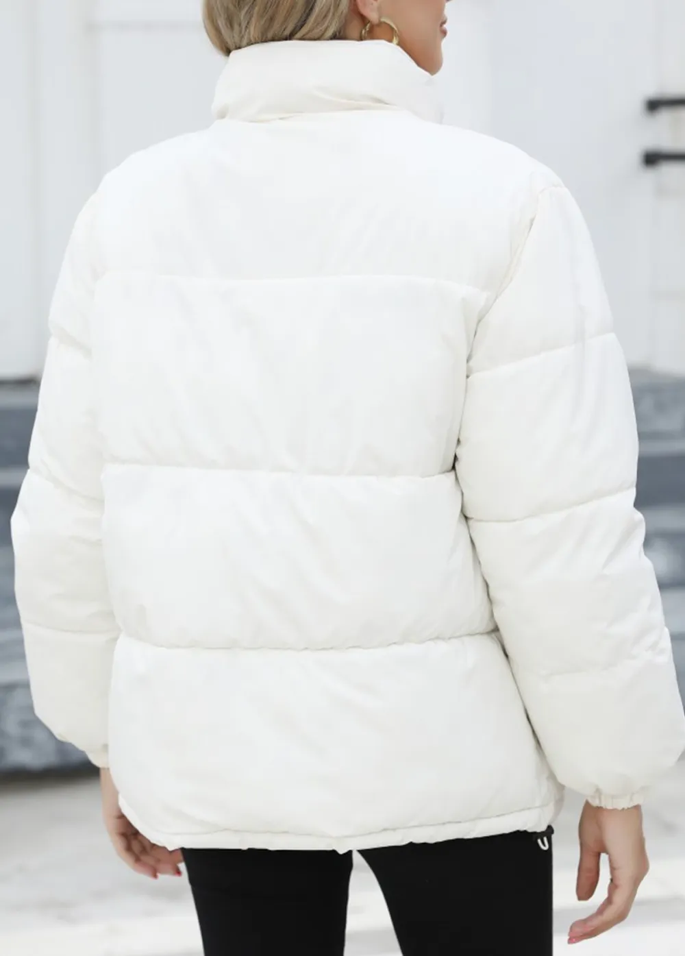 White Pocket Long Sleeve Stand Collar Coat