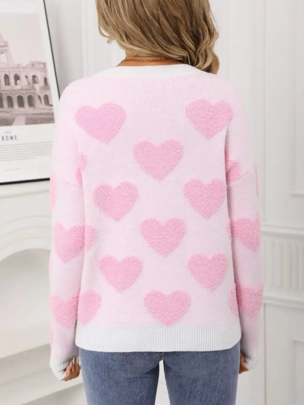 Textured Valentine's Day Heart Pattern Round Neck Sweater