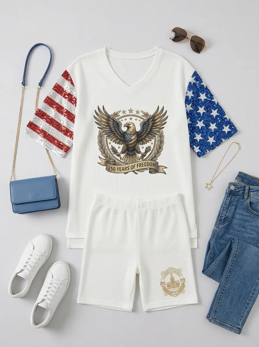 Women's USA 250th Anniversary Eagle Flag Sequin Printed Set