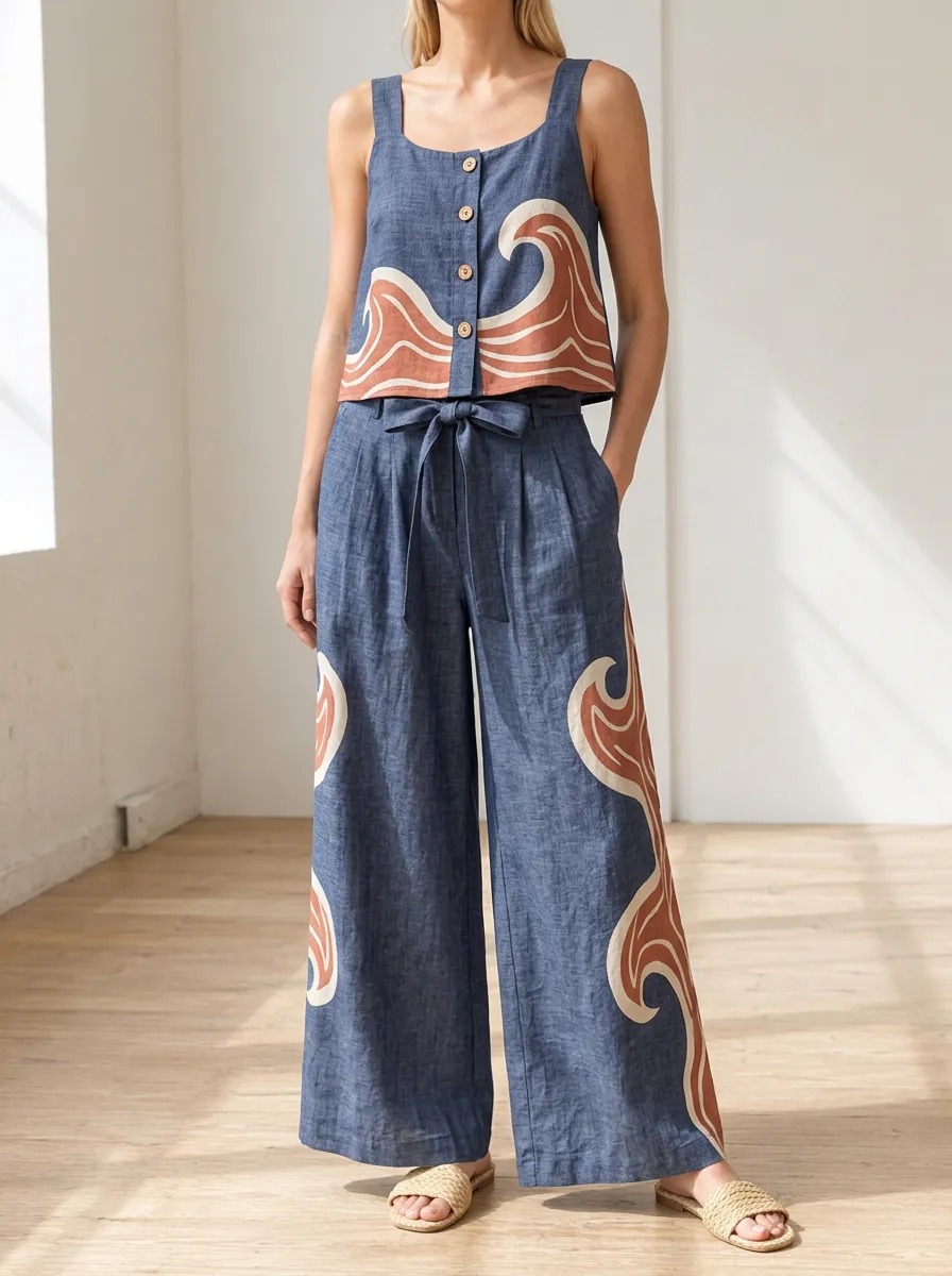 Women's Beach Lover Abstract Wave Patterned Tank Wide Leg Pants Set