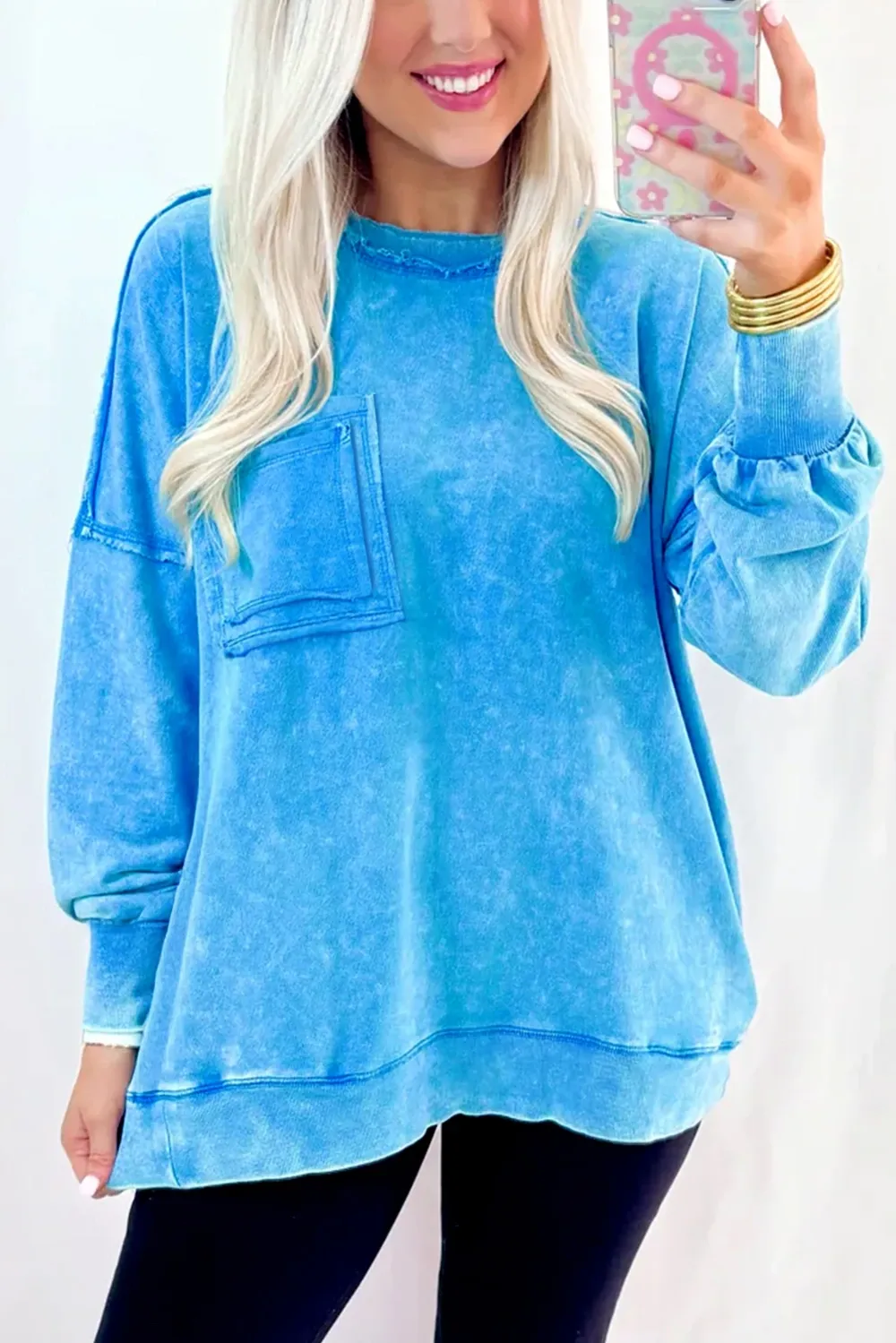 Patchwork Mineral Wash Pocket Detail Pullover Sweatshirt