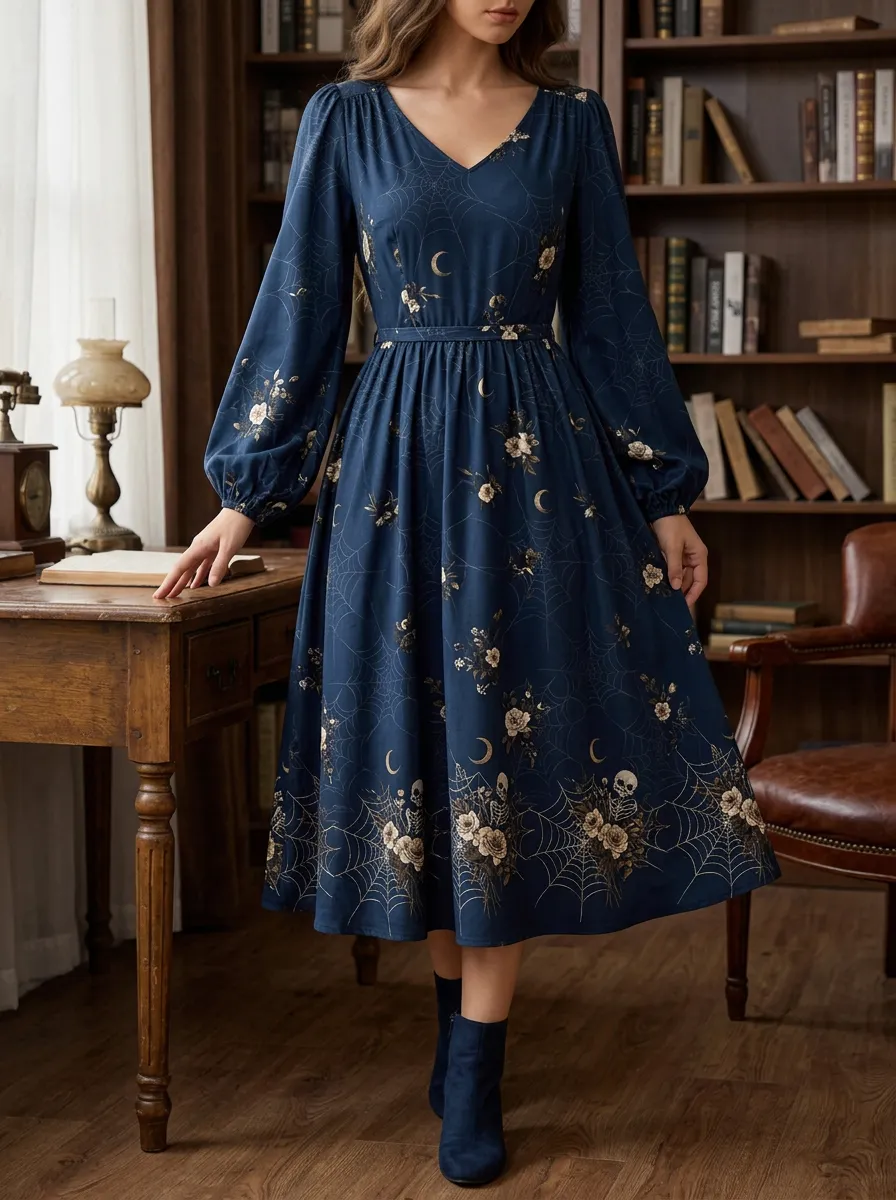Women's Halloween Gothic Moon Skull Spiderweb Printed Dress