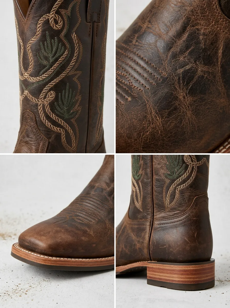 Men's Western Cowboy Green Cactus Embroidered Leather Boots