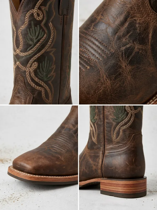 Men's Western Cowboy Green Cactus Embroidered Leather Boots