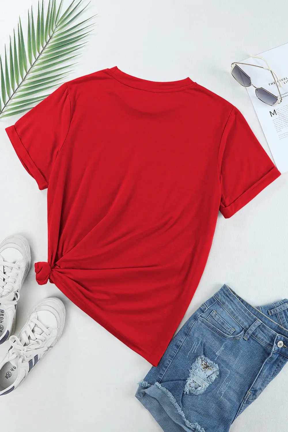 Red Casual Plain Crew Neck