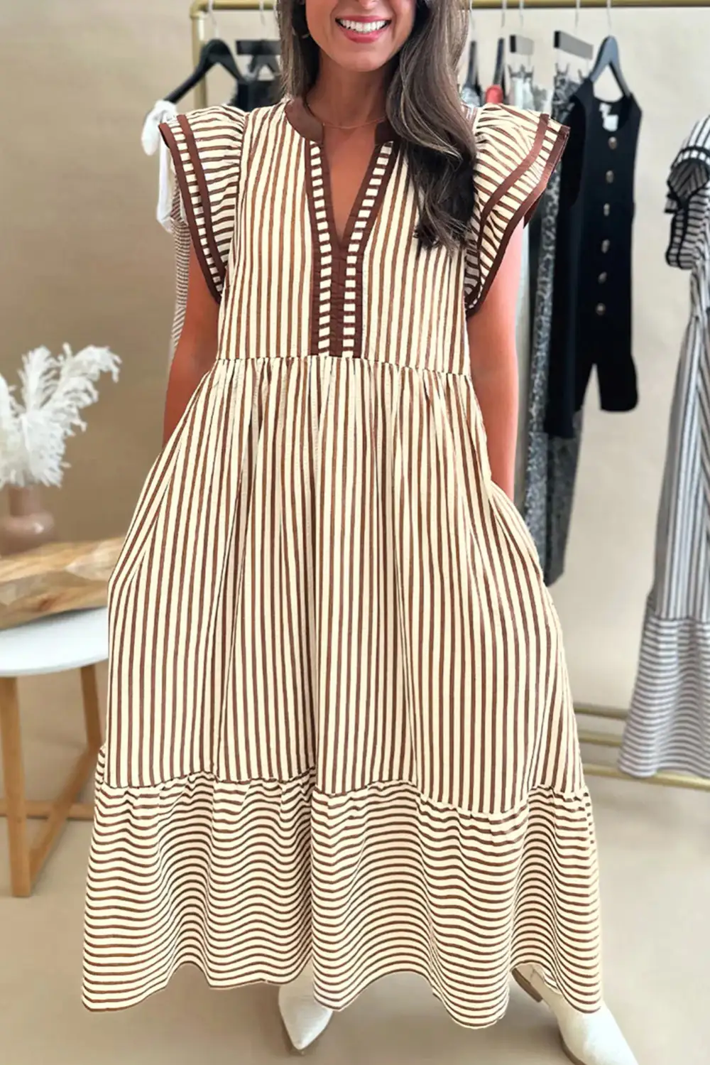 Stripe Short Sleeve V Neck Ruffle Trim Contrast Trim Casual Midi Dress