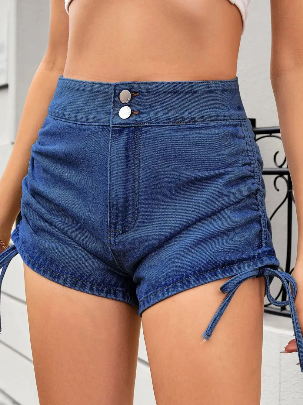 Ruched Side Drawstring Shorts Denim Pants