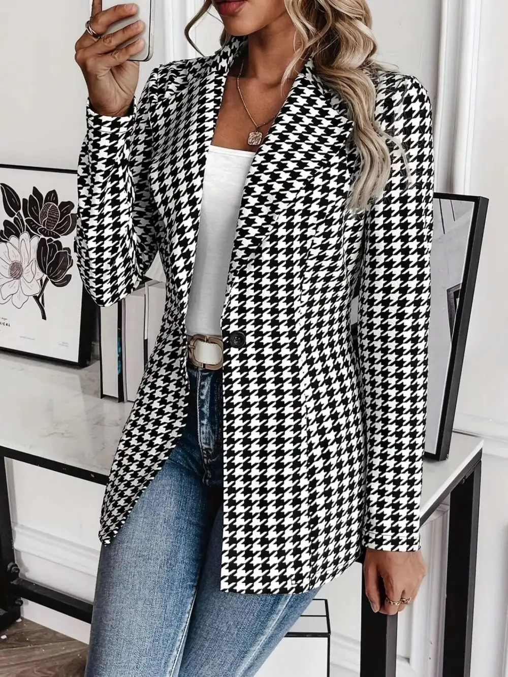 Refined Lapel-Collar Houndstooth Blazer