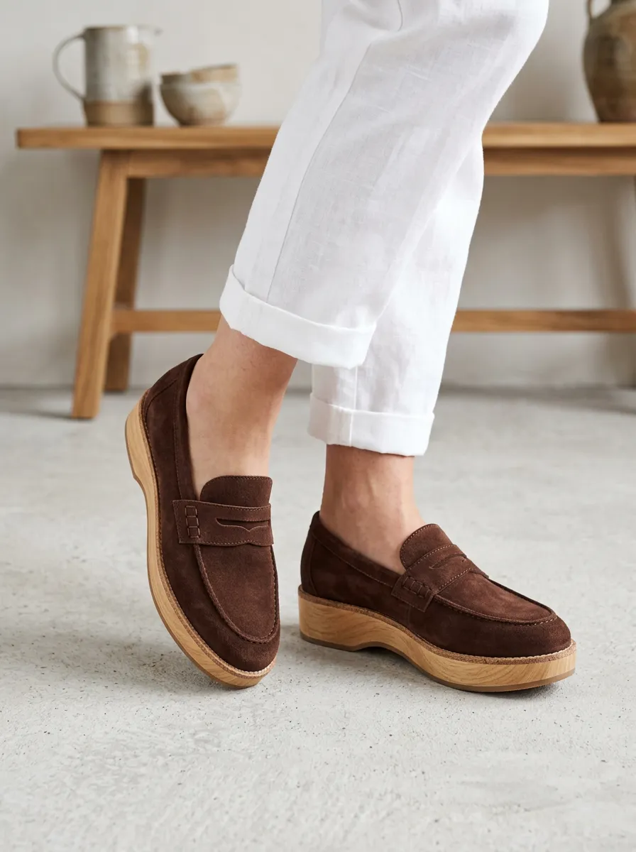 Women's Platform Penny Suede Wood Sole Loafers