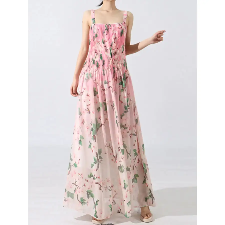 Classic Floral Print Pleated Maxi Dress