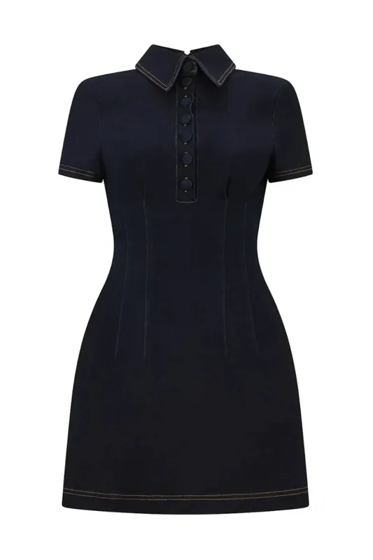 Dark Blue Denim Collared Mini Dress