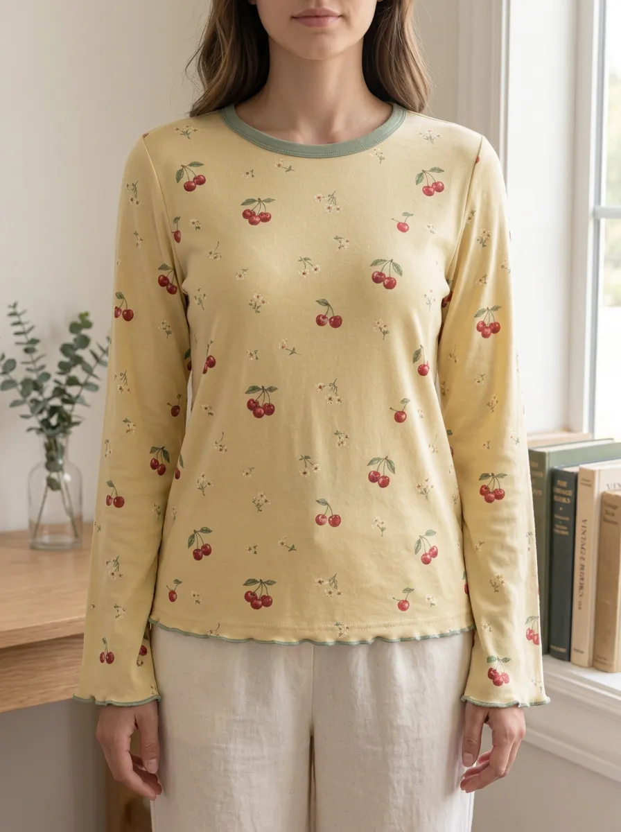 Women's Romantic Everyday Sweet Style Cherry Floral Printed Long Sleeve T-shirt