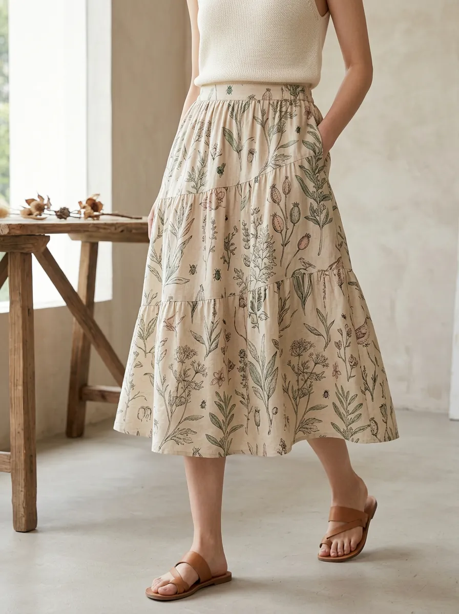 Women's Botanical Garden Floral Insect Printed Tiered Midi Skirt