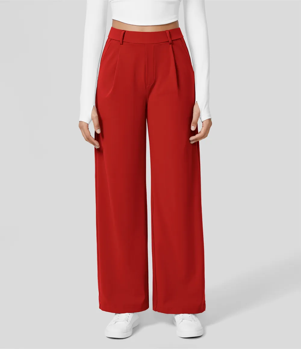 2026🔥  High Waisted Plicated Side Pocket Straight Leg Work Pants