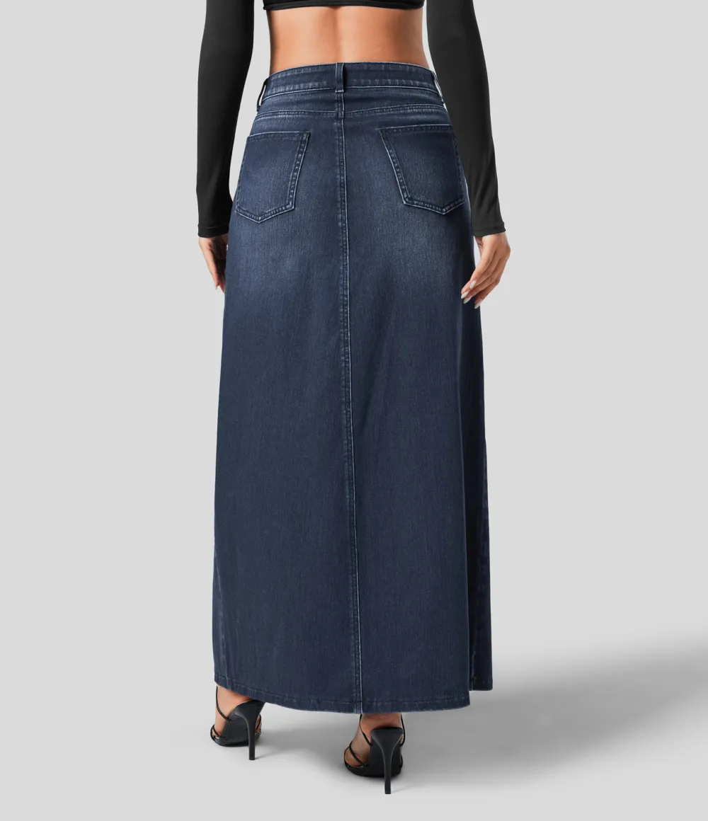 Magic Mid Rise Button Zipper Multiple Pockets Split A Line Stretchy Knit Denim Maxi Casual Skirt