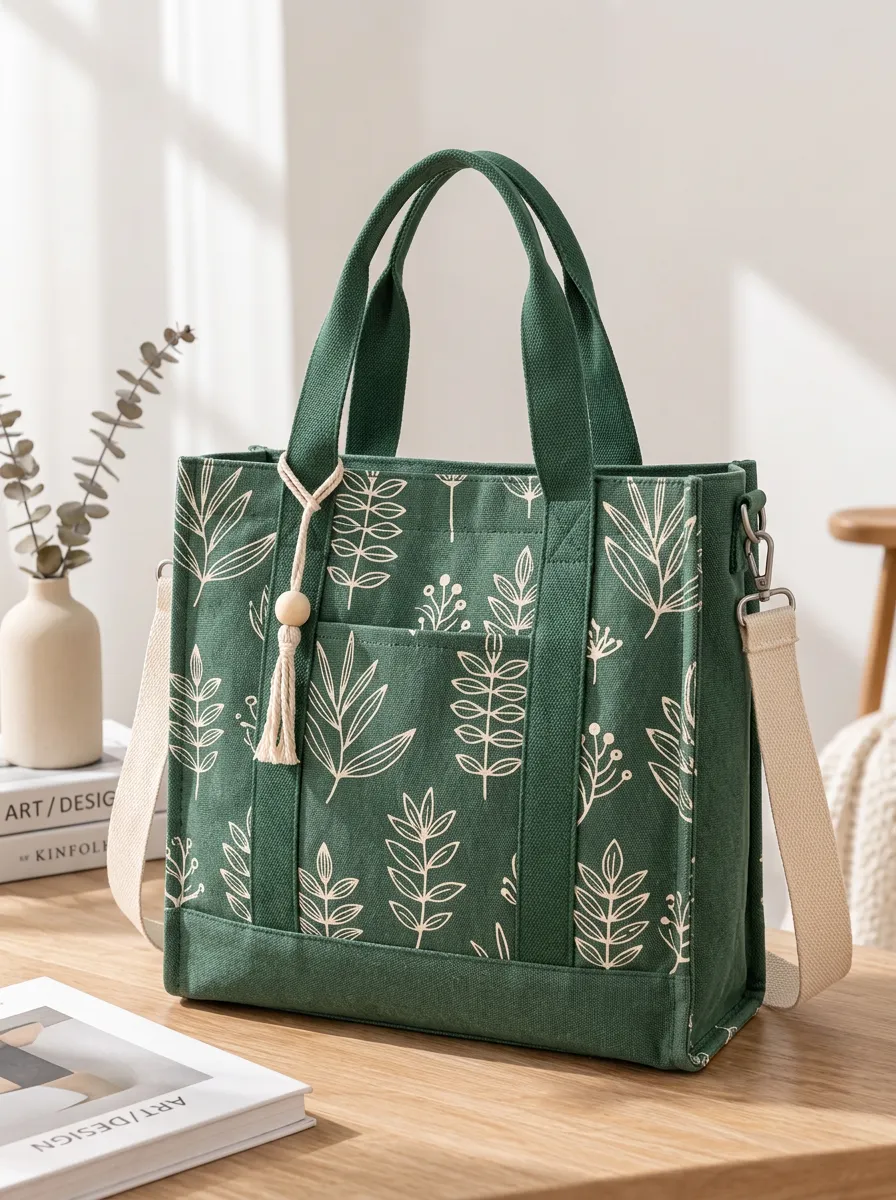 Women's Boxy Profile Botanical Leaf Printed Canvas Shoulder Tote Bag