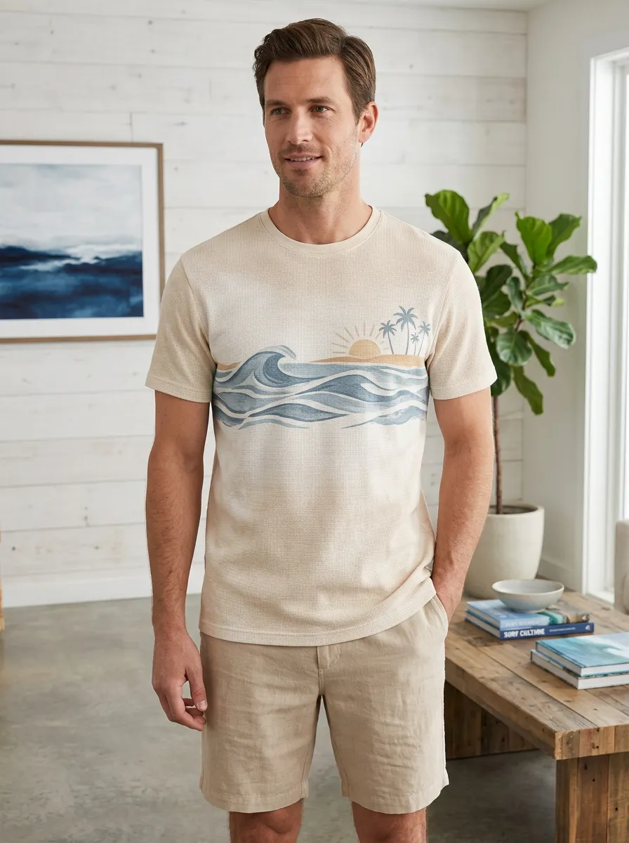 Men's Beach Lover Ocean Wave Palm Tree Modern Crew Neck T-Shirt