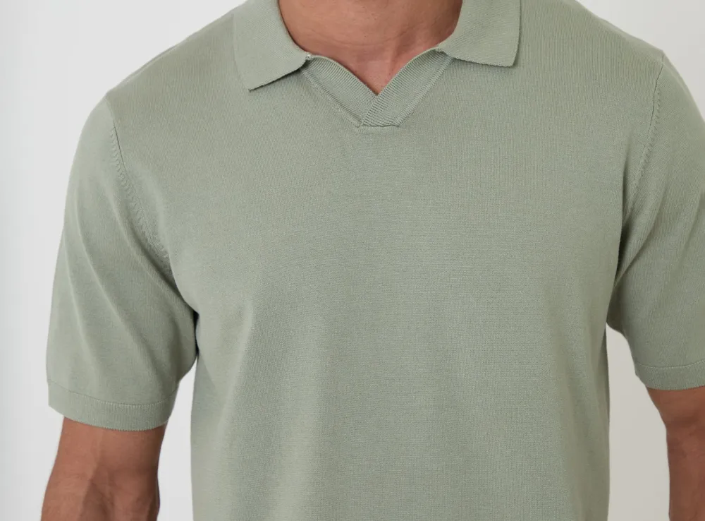 Men's Sage Green Knitted Open-Collar Polo