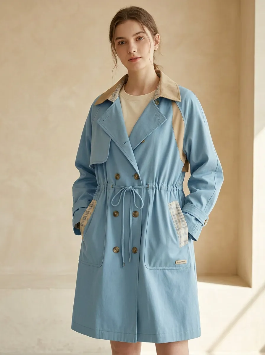 Vintage Casual Plaid Patchwork Drawstring Trench Coat