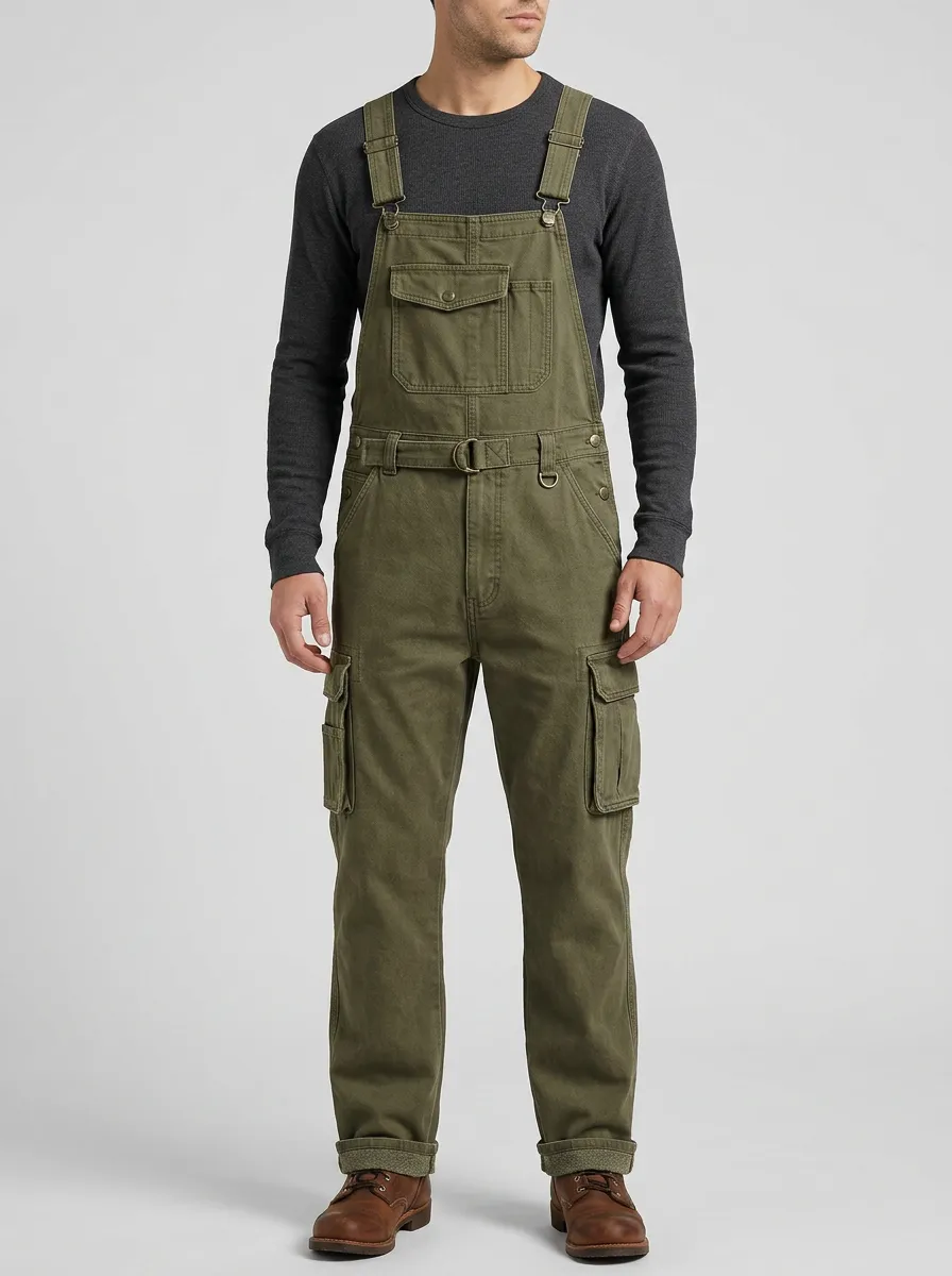 Men's Casual Outdoor Olive Green Cargo Bib Overalls