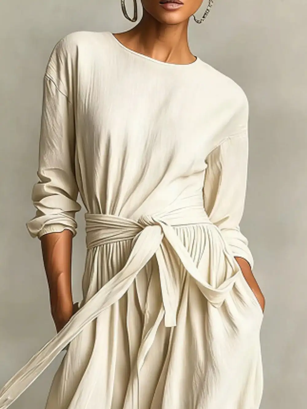 Relaxed Shape Tie Waist Long Sleeve Maxi Dress