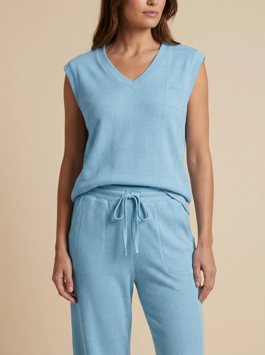 Side Pockets Waffle Knit Sleeveless Lounge Set