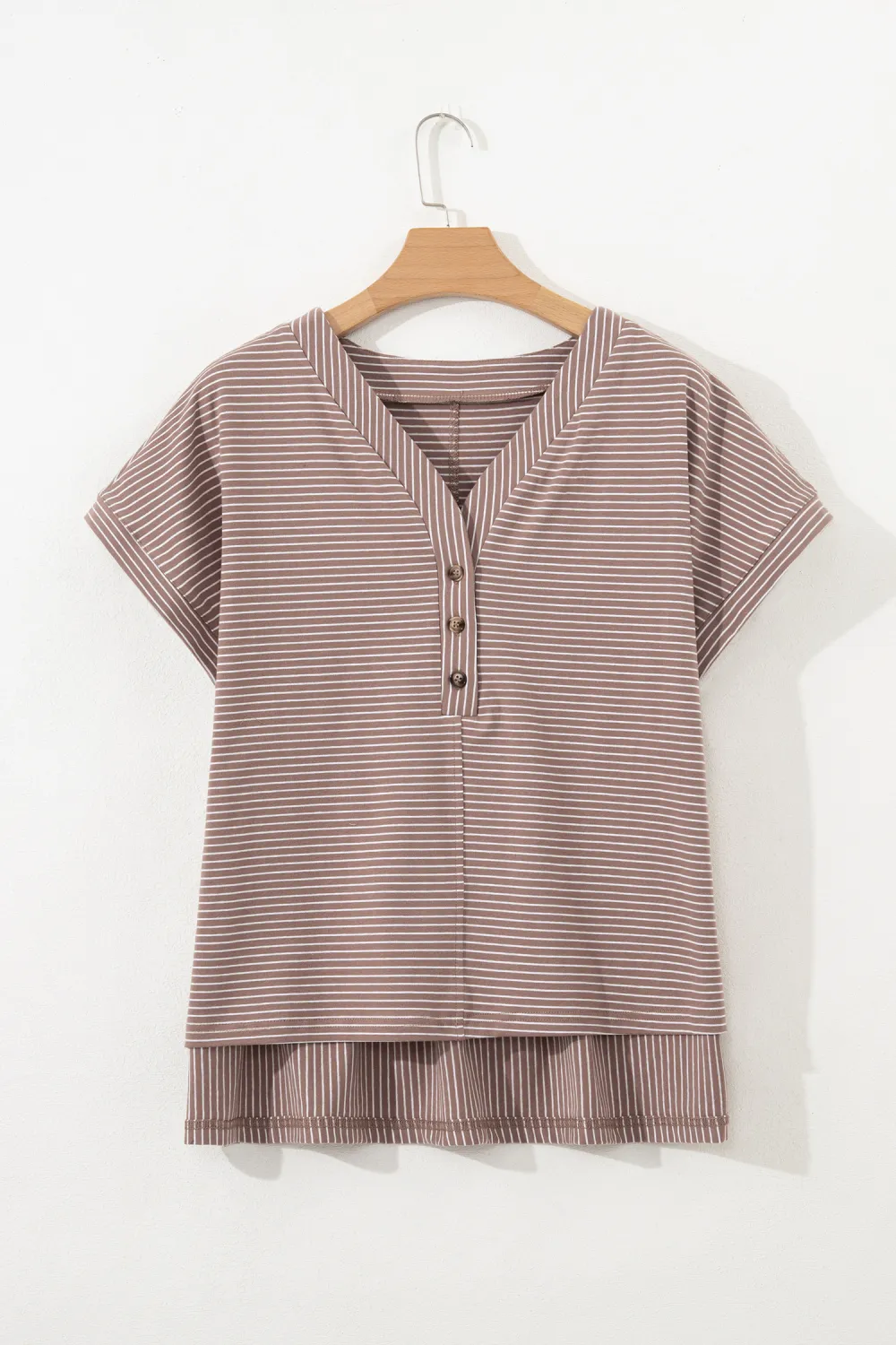 Khaki Stripe Buttoned V Neck Tee