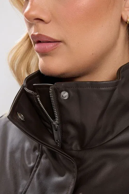 Chocolate Brown Faux Leather Funnel Neck Jacket