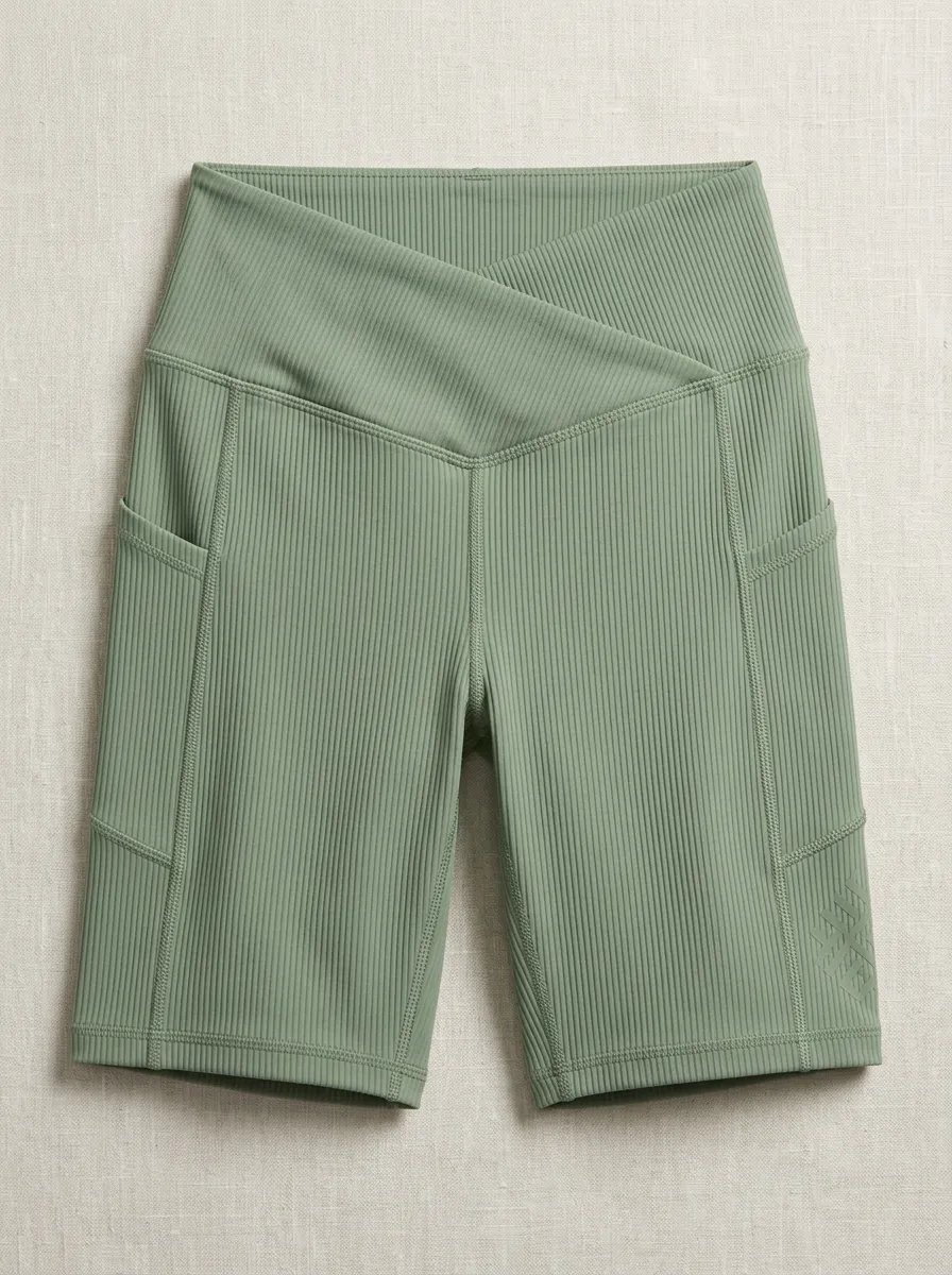 Women's Core Yoga Fitness Ribbed Crossover Pocket Biker Shorts