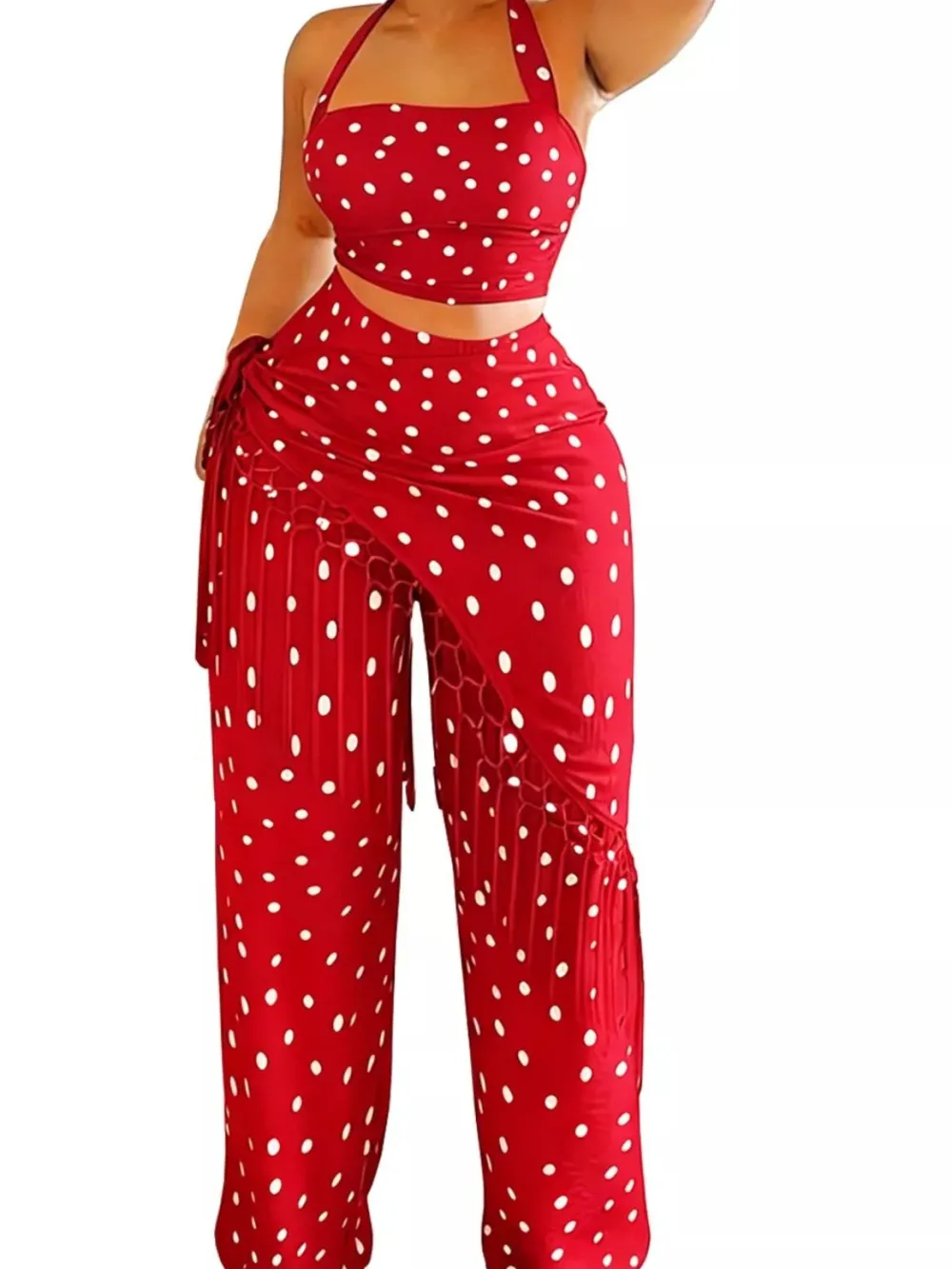 Polka Dot Halter Neck Cami and Fringe Trim Pants