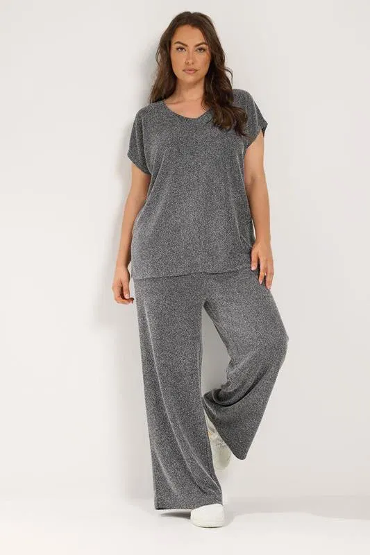 Grey Textured Knit Wide Leg Trousers