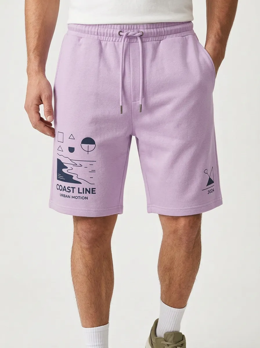 Men's Geometric Elastic-Waist Relaxed-Fit Printed Sweat Shorts