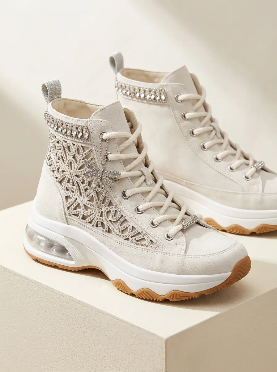 Floral Lace-Up Women's Rhinestone Platform Shoes