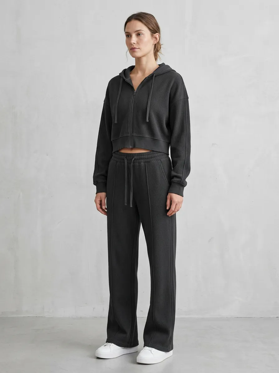 Women's Waffle Knit Sport Inspired Cropped Hooded Jacket and Flare Pants Active Set