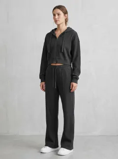 Women's Waffle Knit Sport Inspired Cropped Hooded Jacket and Flare Pants Active Set