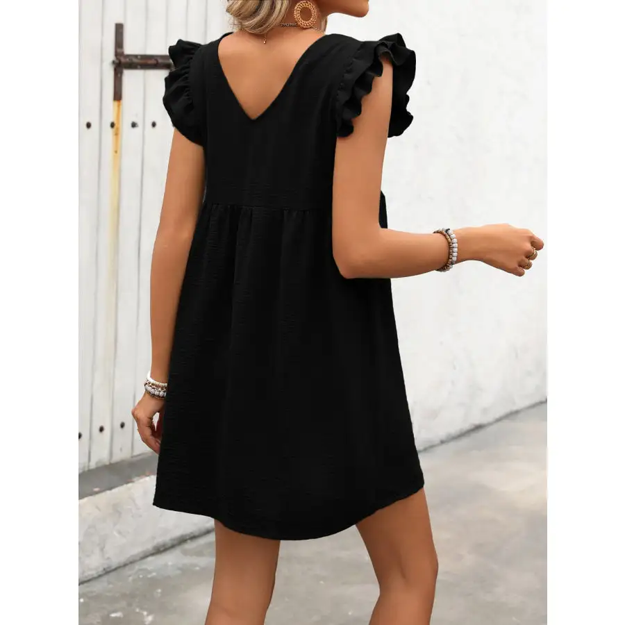 Button Up V-Neck Cap Sleeve Mini Dress
