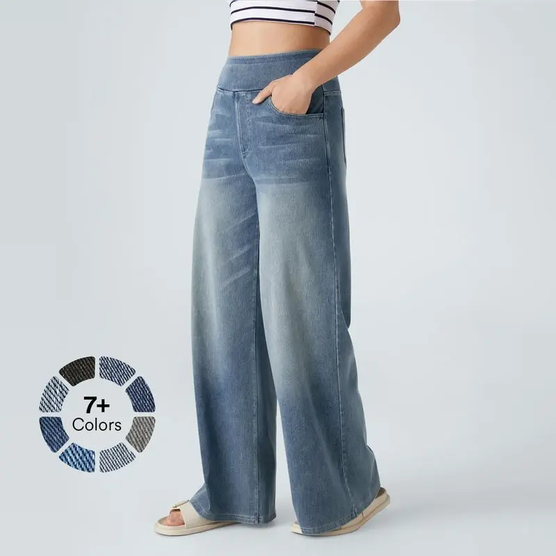 2026🔥  High Waisted Multiple Pockets Baggy Wide Leg Washed Stretchy Knit Casual Jeans