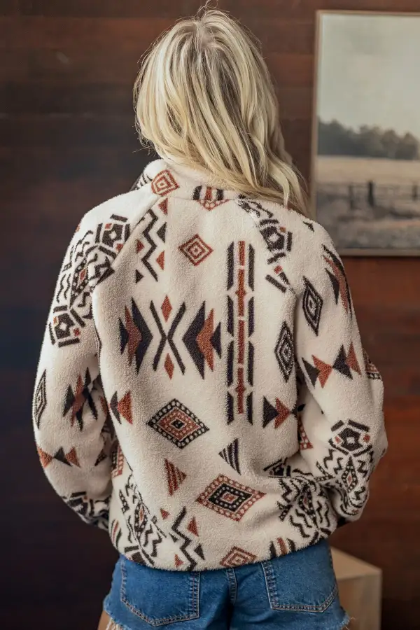 Women's Geometric Print Long Sleeve Shirt Collar Zip Up Placket Binding Tape Jacket