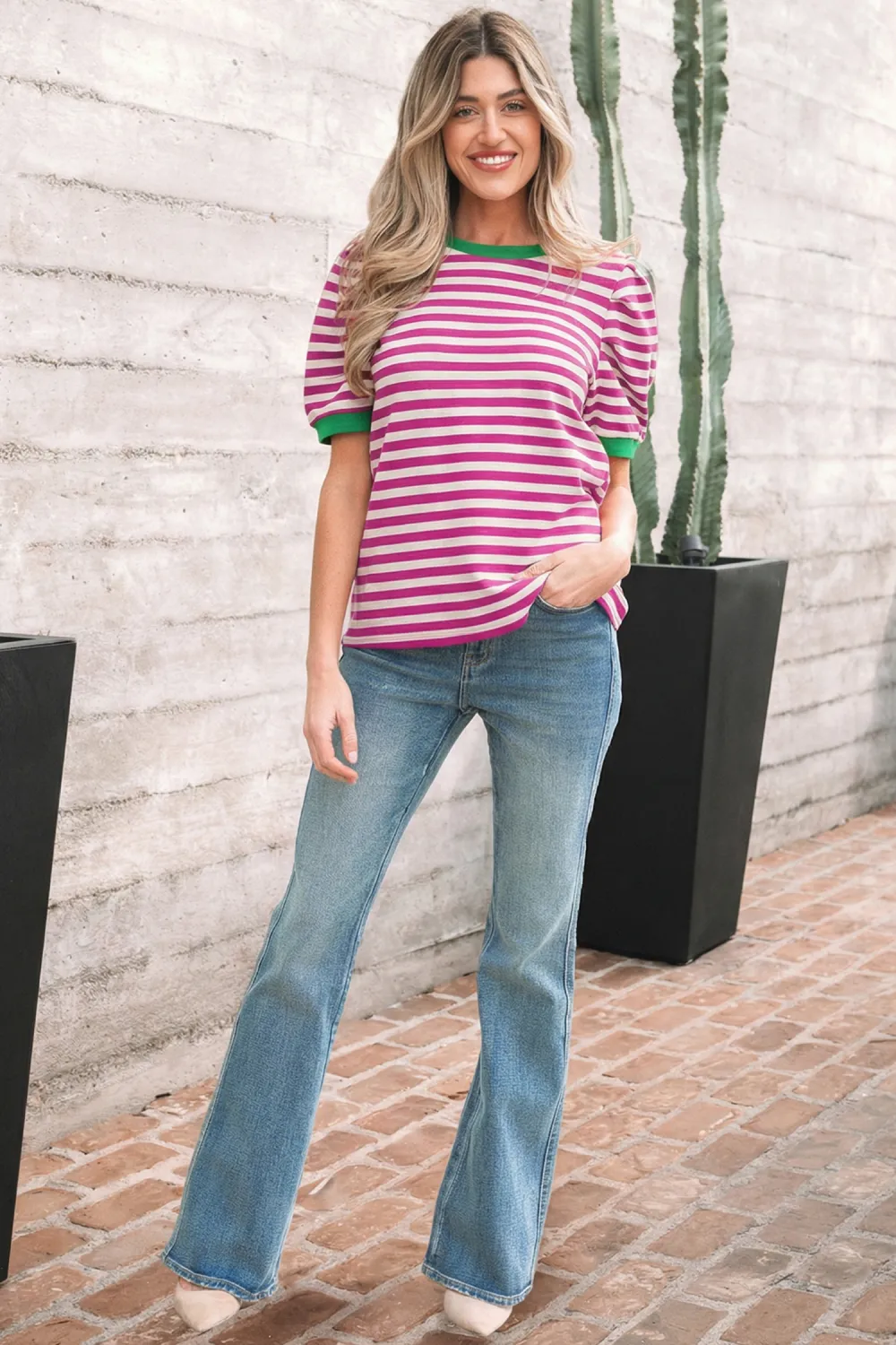 Rose Stripe Short Puff Sleeve Tee